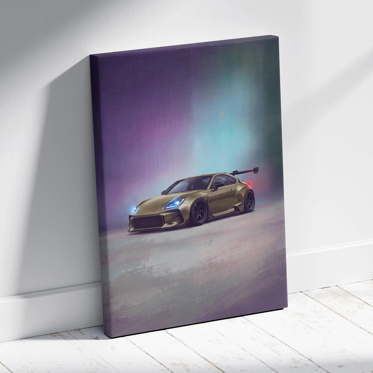 Gold-colored canvas print of a toyota gr86 inspired jdm sports car with glowing blue headlights and rear spoiler on aurora background