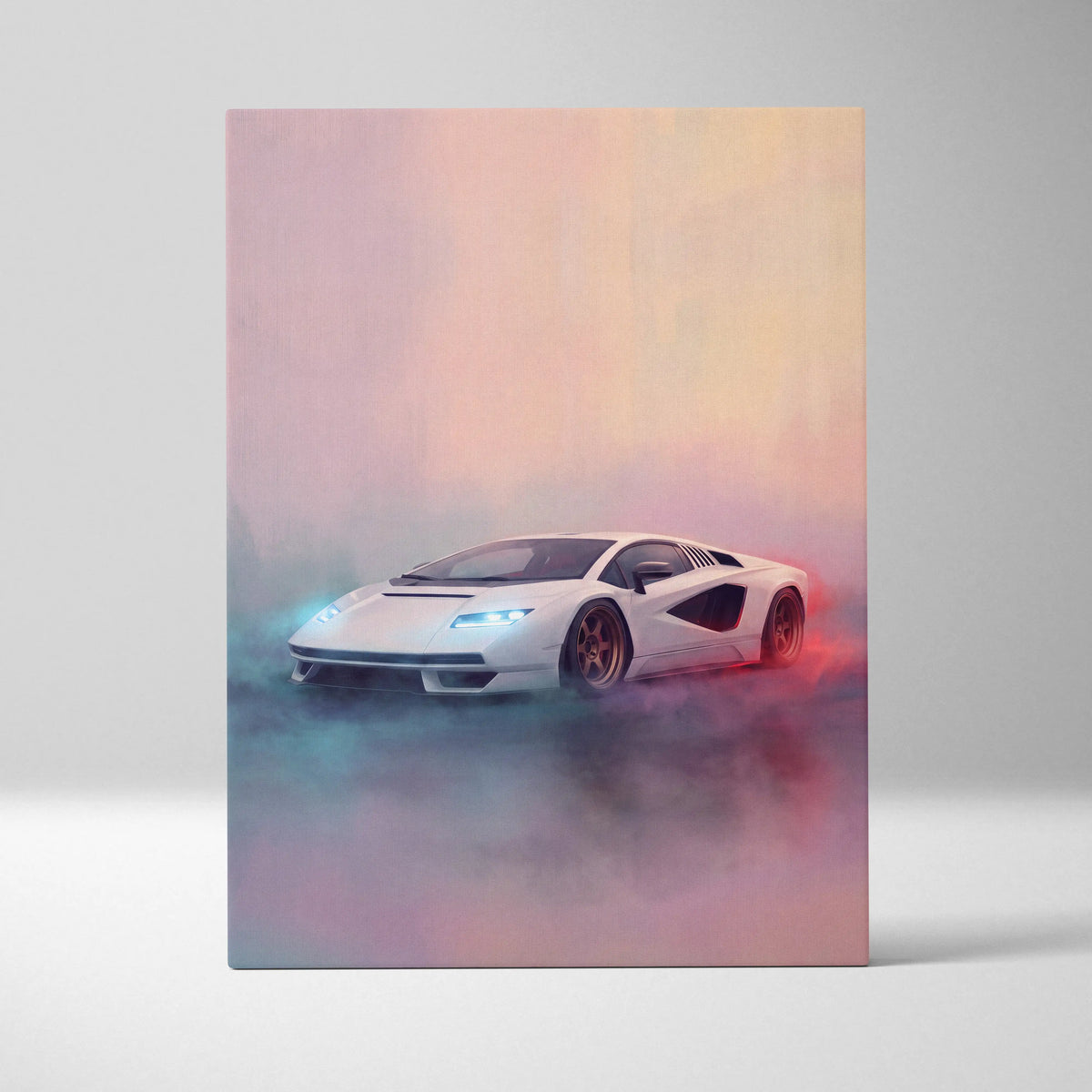 White Lamborghini Countach LPI 800-4 inspired sports car wall art canvas print with sleek angular design and glowing headlights