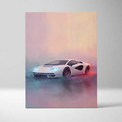 White Lamborghini Countach LPI 800-4 inspired sports car wall art canvas print with sleek angular design and glowing headlights