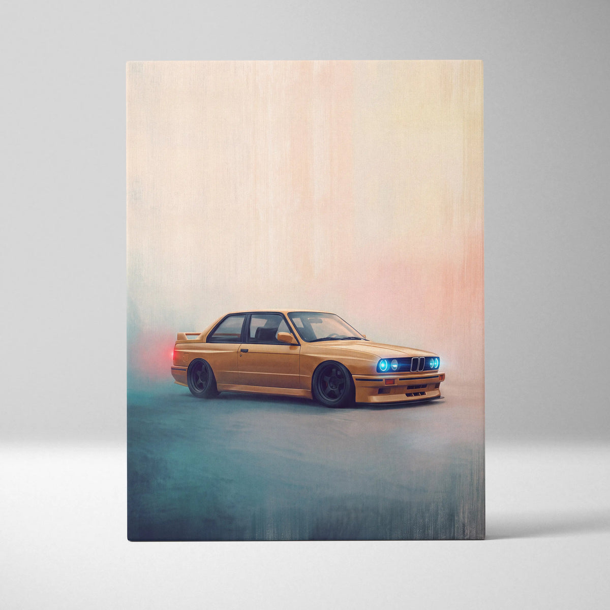 Golden bmw e30 m3 sports car with glowing blue headlights and black rims in a stylized automotive wall art canvas print