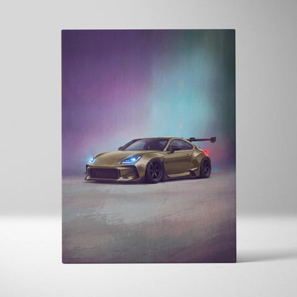 Glossy gold Subaru BRZ sports car with black rims and rear spoiler in Toyota GR86 inspired JDM sports car canvas print