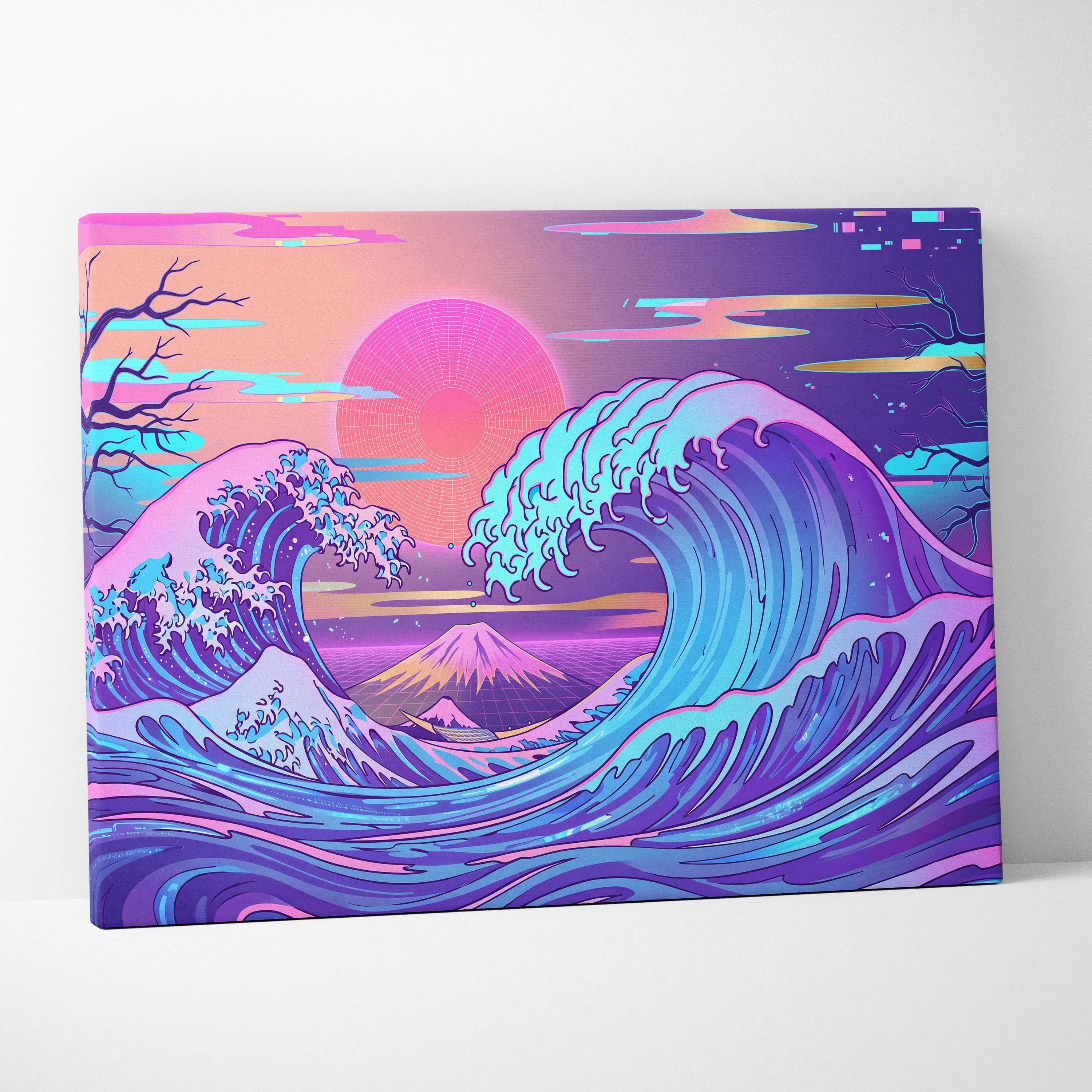 Neon Fuji Vaporwave Canvas - Japanese Landscape Neon Pink Purple Living Room Vaporwave Dreamy Mood Wall Art Canvas