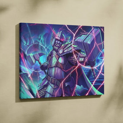 Vaporwave Neon Fantasy Canvas - Mythic Warrior Neon Teal Pink Energetic Retro-Futurist Synthwave Neon Art Canvas Print