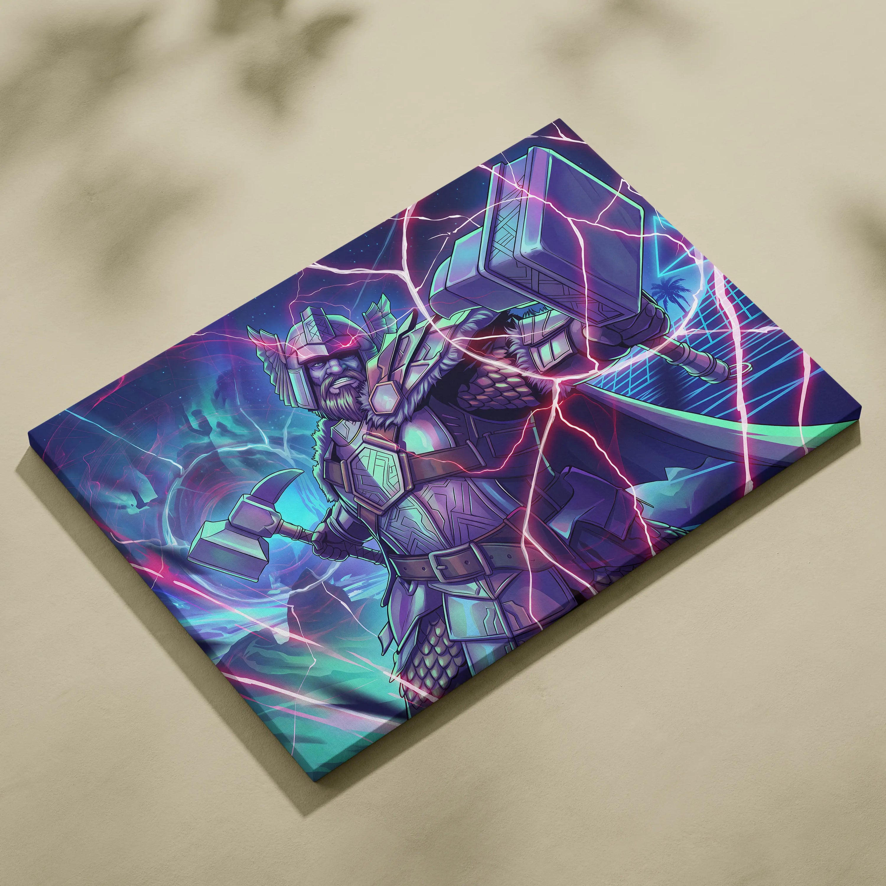 Vaporwave Neon Fantasy Canvas - Mythic Warrior Neon Teal Pink Energetic Retro-Futurist Synthwave Neon Art Canvas Print