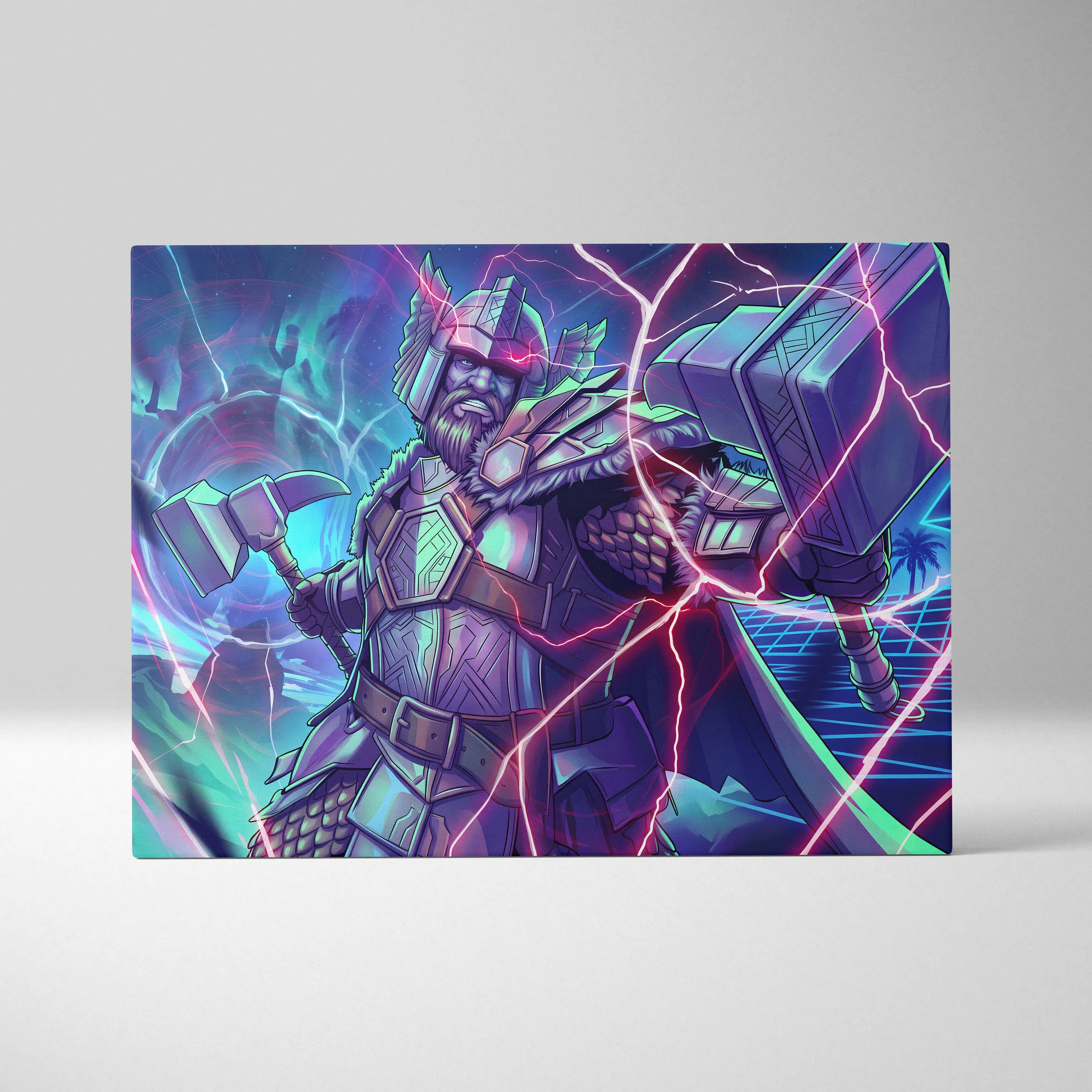 Vaporwave Neon Fantasy Canvas - Mythic Warrior Neon Teal Pink Energetic Retro-Futurist Synthwave Neon Art Canvas Print