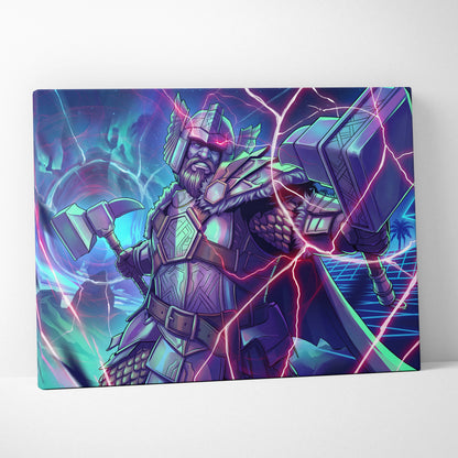 Vaporwave Neon Fantasy Canvas - Mythic Warrior Neon Teal Pink Energetic Retro-Futurist Synthwave Neon Art Canvas Print