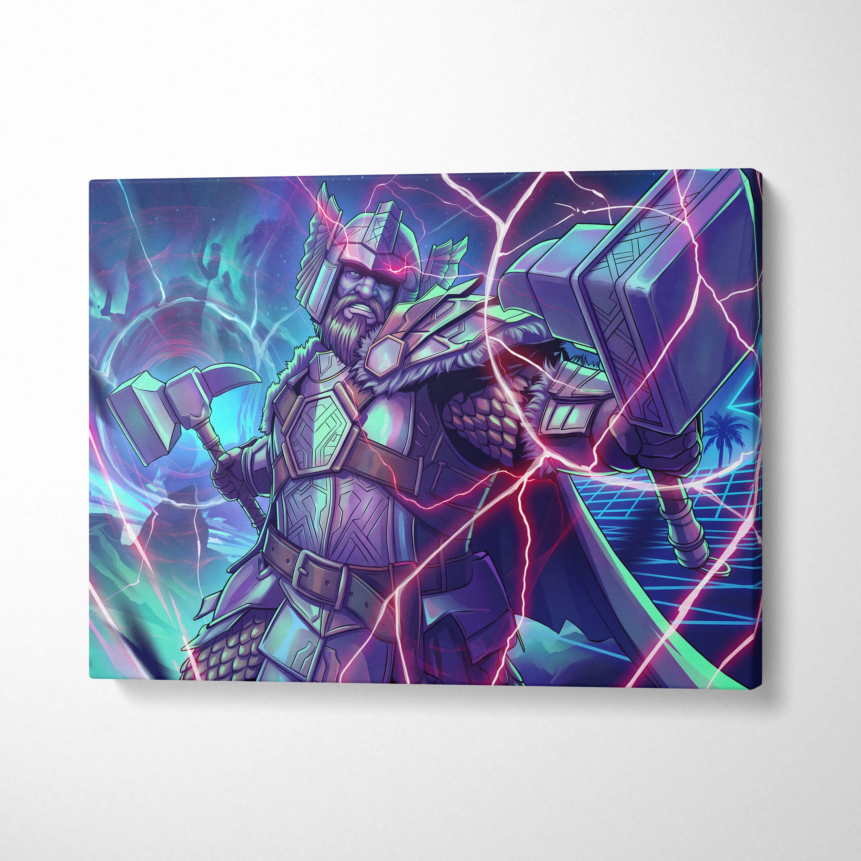 Vaporwave Neon Fantasy Canvas - Mythic Warrior Neon Teal Pink Energetic Retro-Futurist Synthwave Neon Art Canvas Print