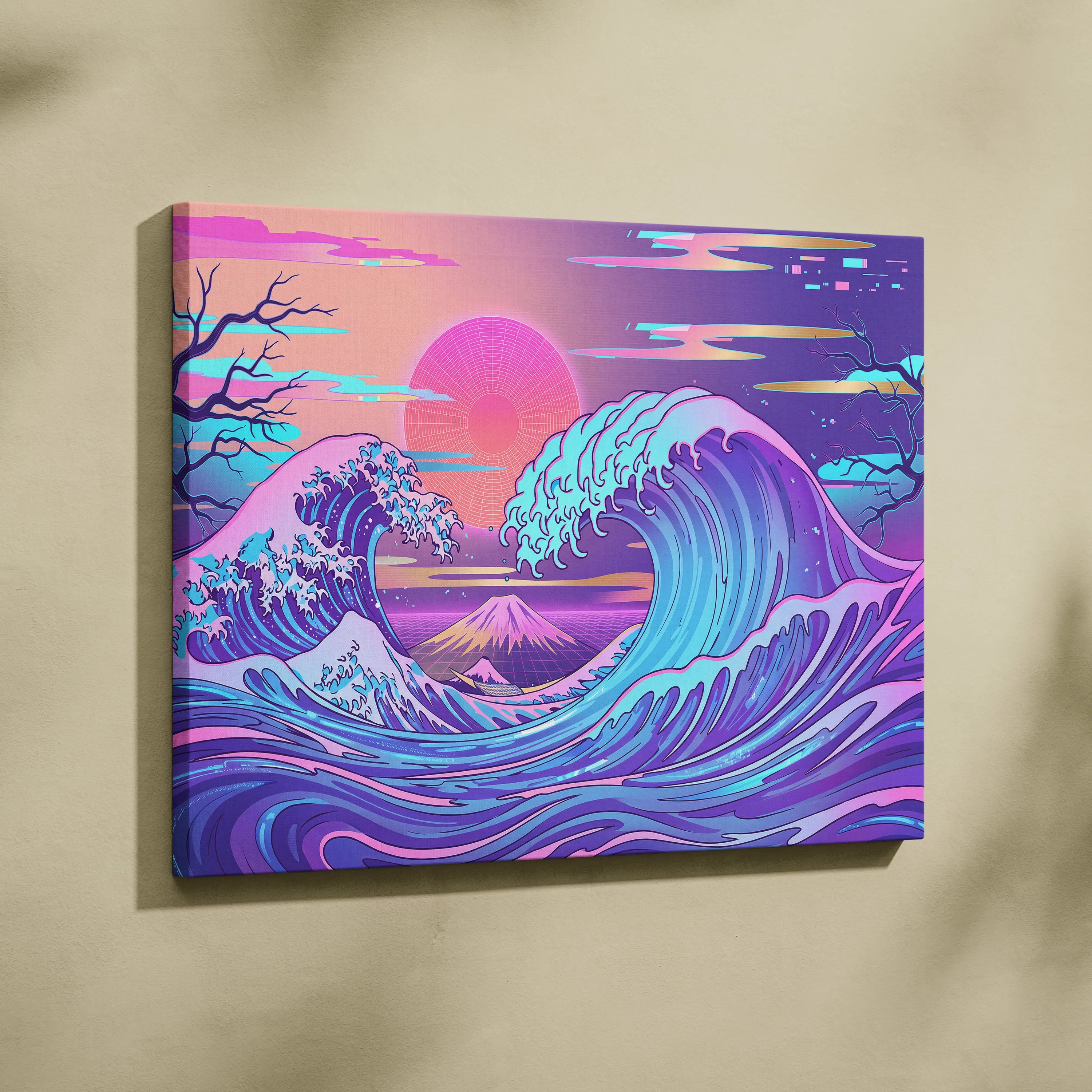 Neon Fuji Vaporwave Canvas - Japanese Landscape Neon Pink Purple Living Room Vaporwave Dreamy Mood Wall Art Canvas