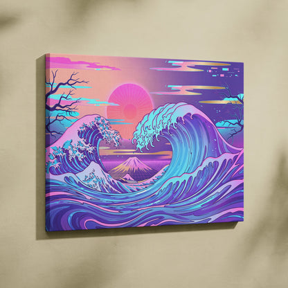 Neon Fuji Vaporwave Canvas - Japanese Landscape Neon Pink Purple Living Room Vaporwave Dreamy Mood Wall Art Canvas