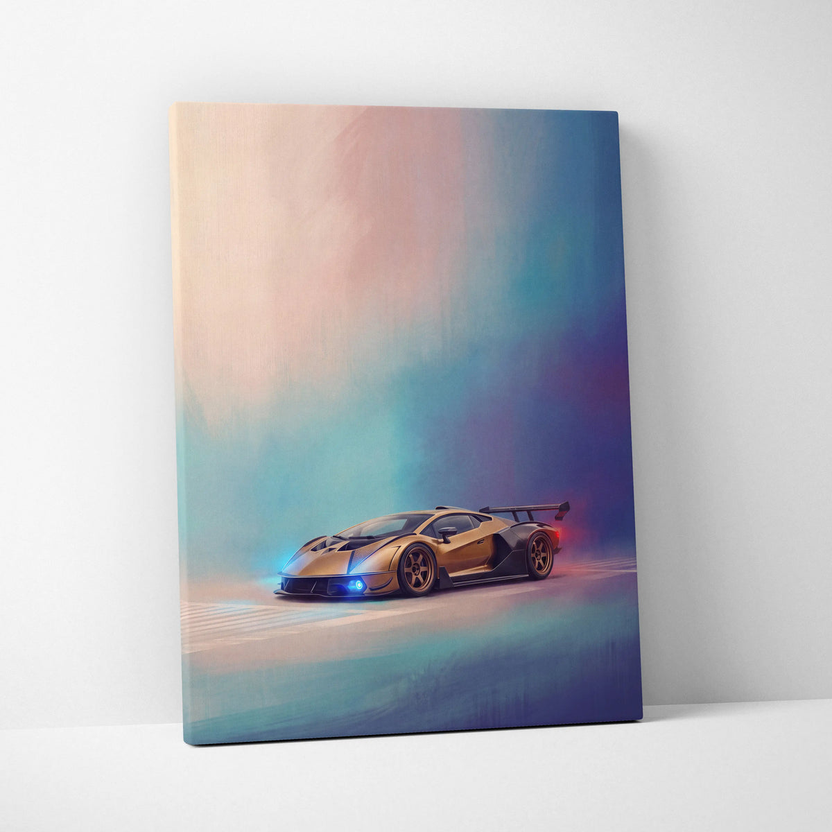 Lamborghini Essenza SCV12 inspired gold and black sports car canvas print with glowing blue headlights and dreamy sky background