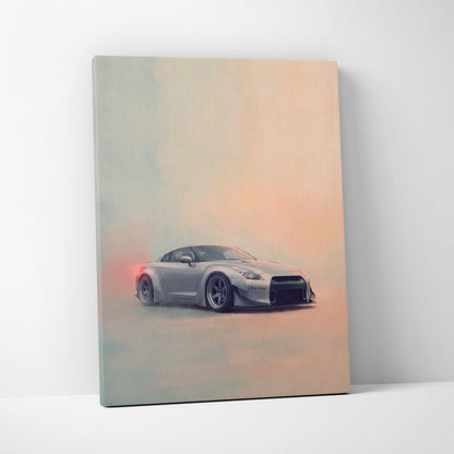 Silver Nissan GT-R inspired canvas art featuring a sleek modified sports car with black rims and red rear lights