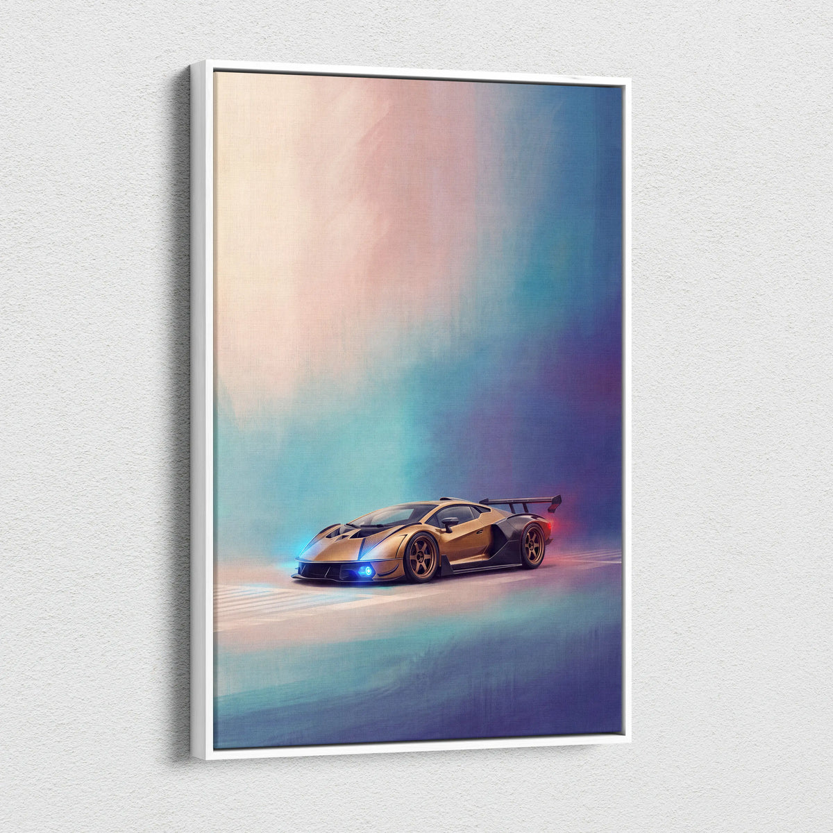 A framed canvas print of a golden Lamborghini Essenza SCV12 with glowing blue headlights against a pink purple teal background