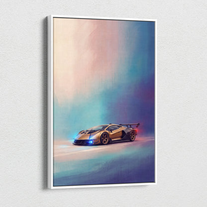 A framed canvas print of a golden Lamborghini Essenza SCV12 with glowing blue headlights against a pink purple teal background