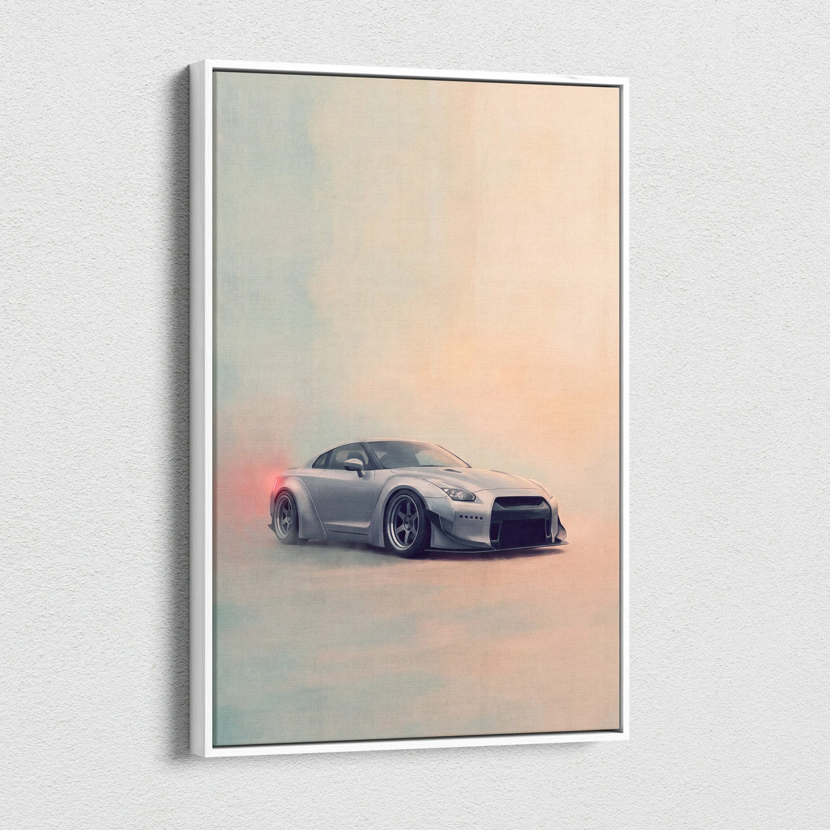 Silver Nissan GT-R drift art print in a white frame on canvas supercar wall decor for enthusiasts
