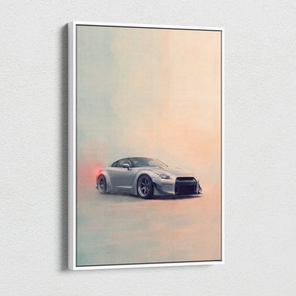 Silver Nissan GT-R drift art print in a white frame on canvas supercar wall decor for enthusiasts