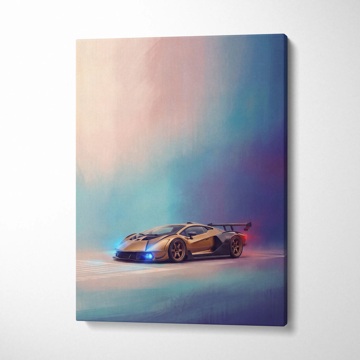 Lamborghini essenza scv12 inspired gold sports car canvas print with glowing blue headlights and vibrant gradient background