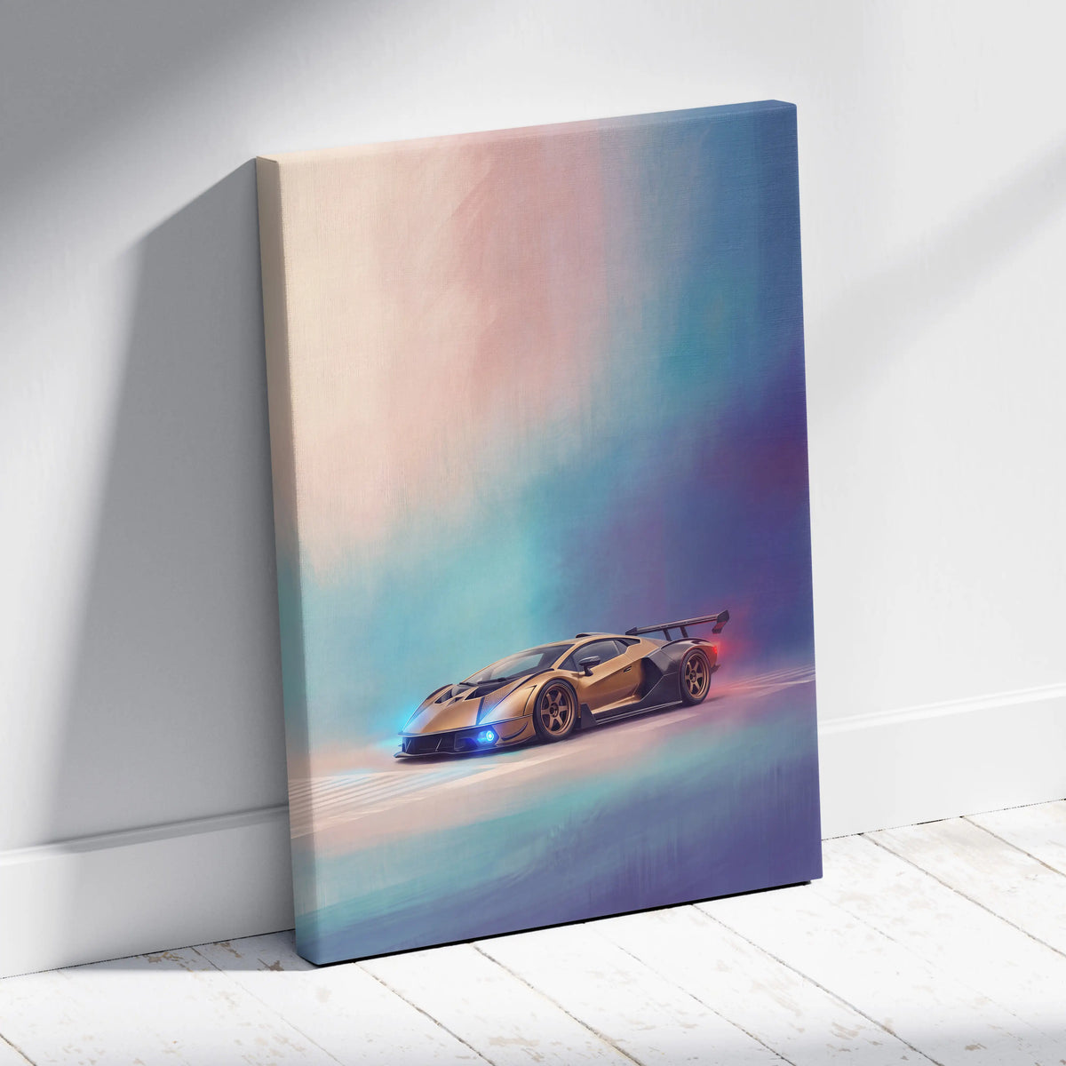 A luxury Lamborghini Essenza SCV12 inspired canvas print featuring a gold sports car with glowing blue headlights