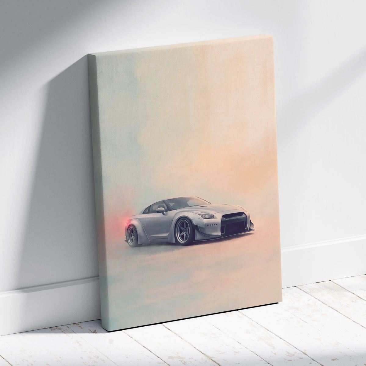 Silver nissan gt-r inspired canvas art featuring a sleek sporty design with subtle red glow accents for wall decor