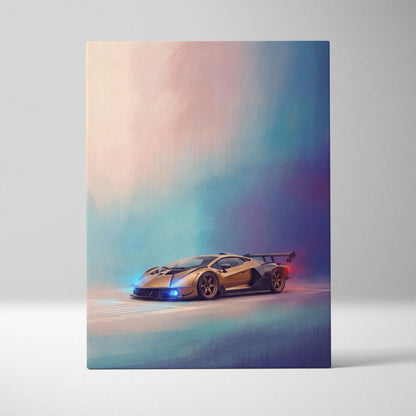 Lamborghini Essenza SCV12 inspired luxury automotive wall art featuring a sleek gold sports car with glowing blue headlights