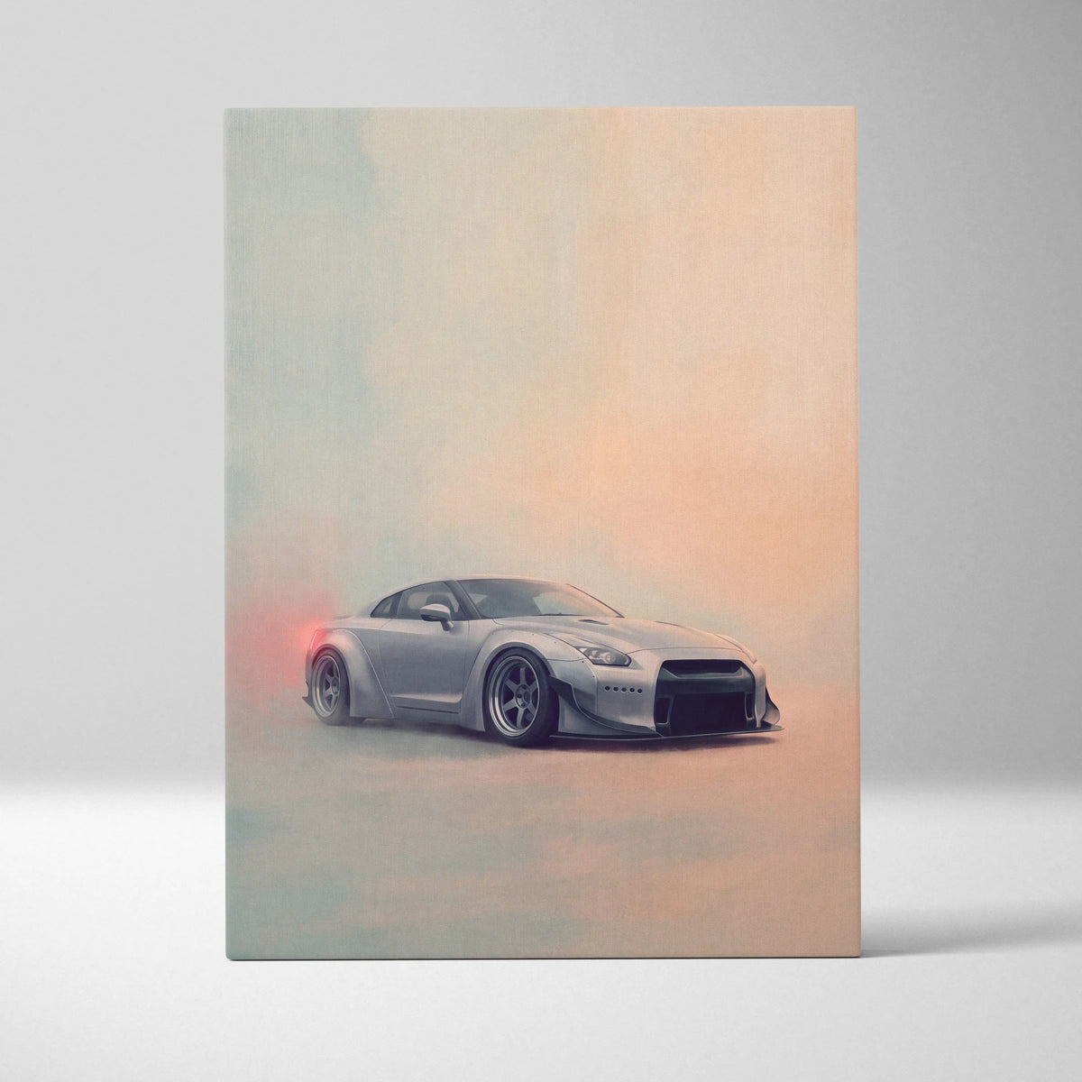 Silver Nissan GT-R inspired drift art canvas print perfect as supercar wall decor for enthusiasts