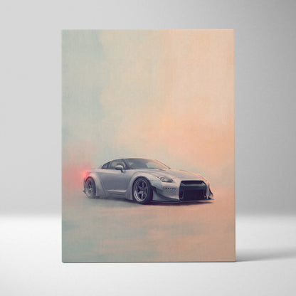 Silver Nissan GT-R inspired drift art canvas print perfect as supercar wall decor for enthusiasts