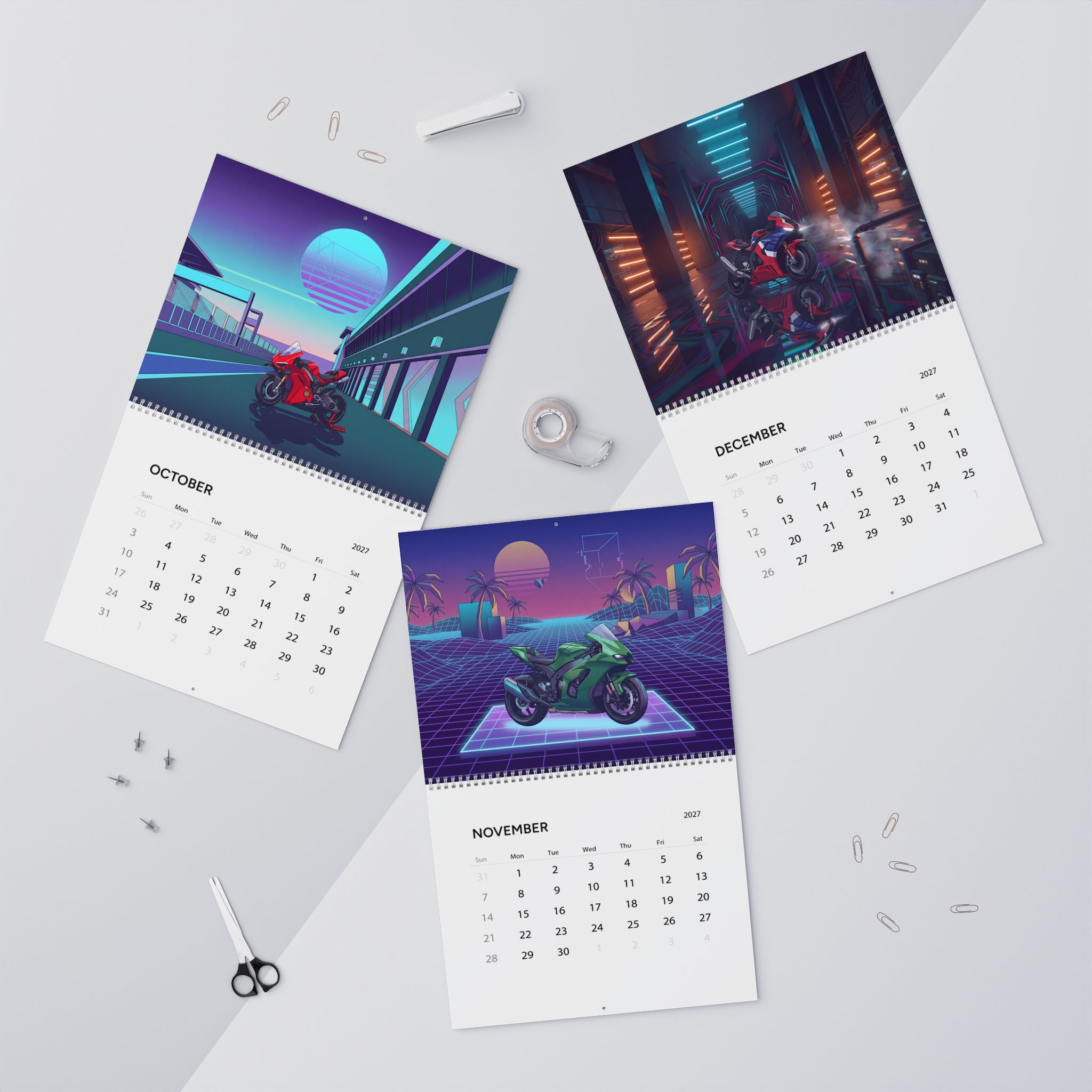 2027 Superbike Vaporwave Art Calendar – High Performance Motorcycles & Neon Street Artwork Collection