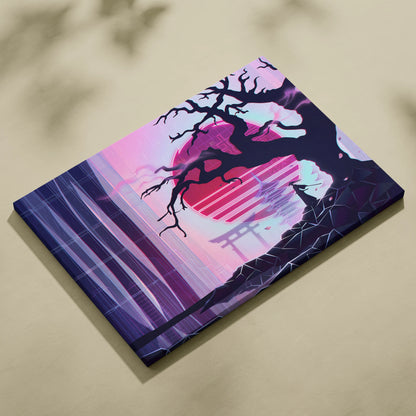 Vaporwave Japan Neon Sunset - Japan Landscape Neon Pink Purple Cyan Living Room Vaporwave Dreamy Nostalgic Modern Canvas