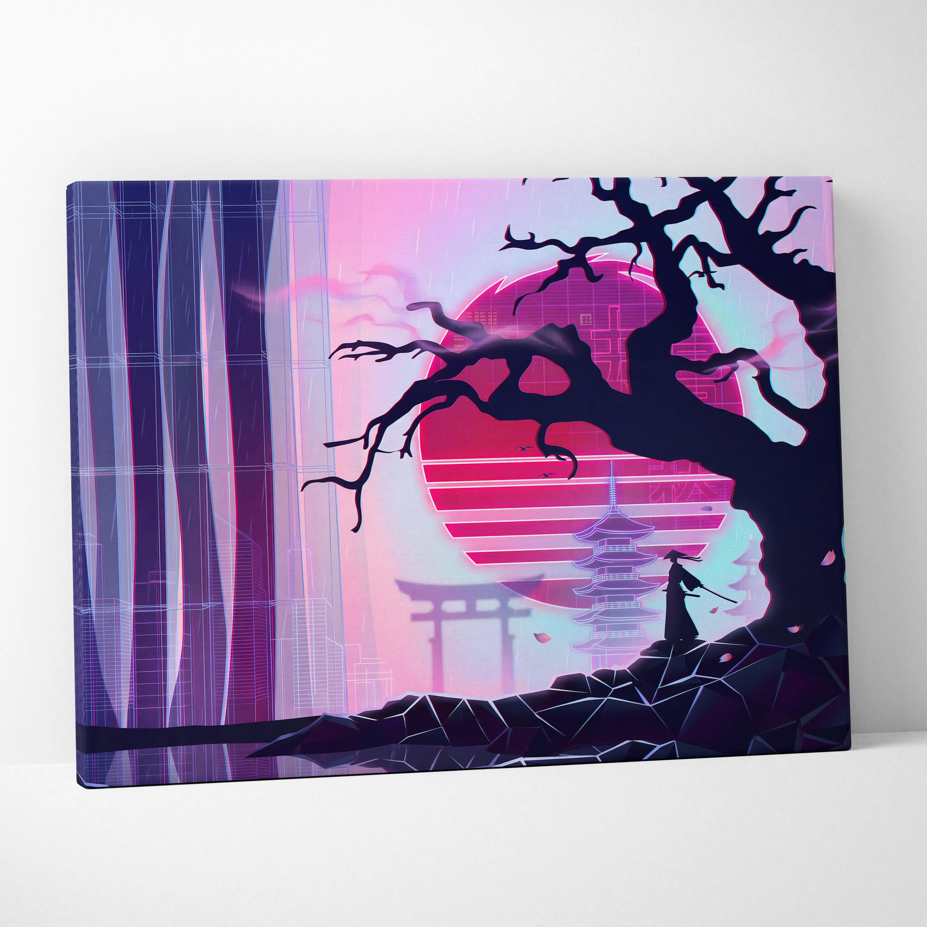 Vaporwave Japan Neon Sunset - Japan Landscape Neon Pink Purple Cyan Living Room Vaporwave Dreamy Nostalgic Modern Canvas