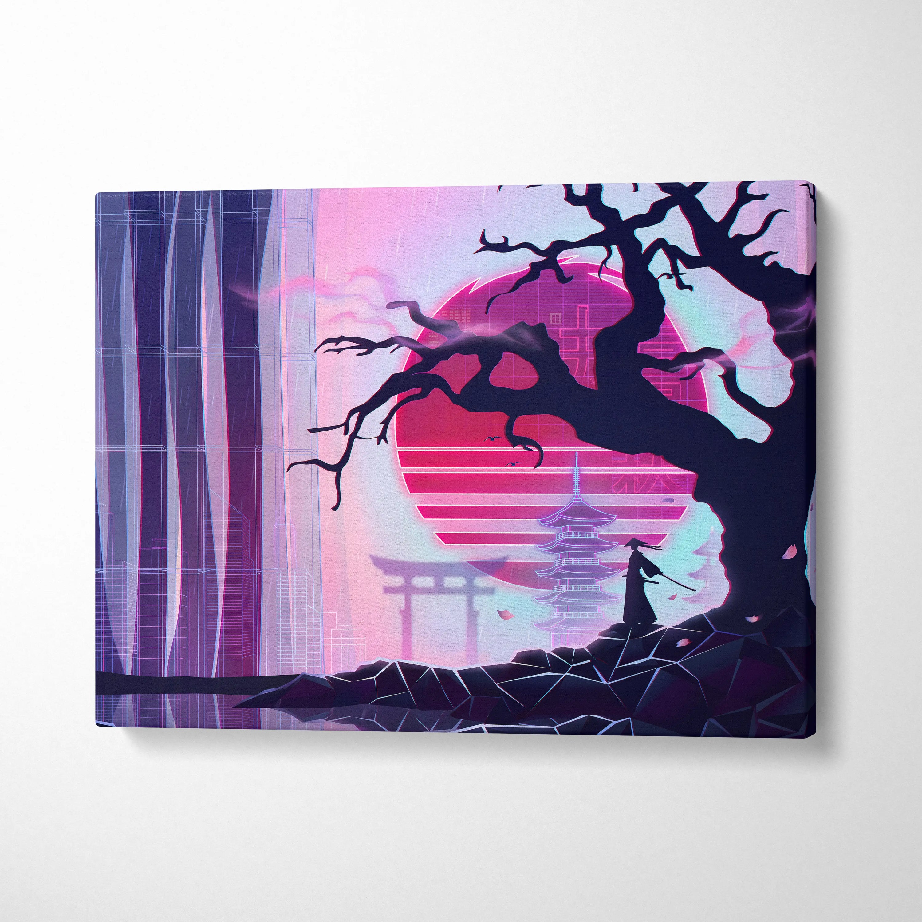 Vaporwave Japan Neon Sunset - Japan Landscape Neon Pink Purple Cyan Living Room Vaporwave Dreamy Nostalgic Modern Canvas