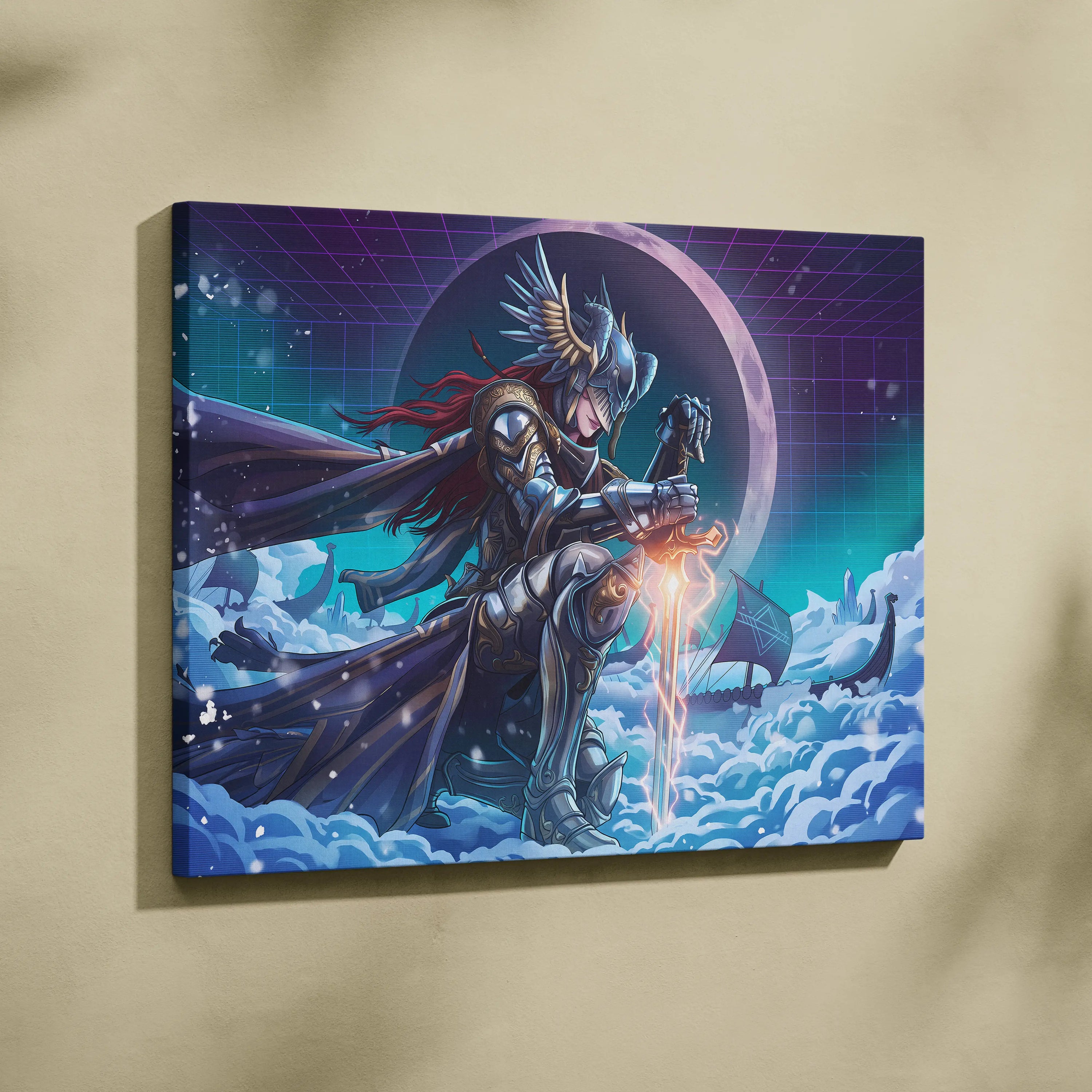 Neon Moon Warrior Canvas - Fantasy Warrior Neon Purple Bedroom Vaporwave Dreamy Vaporwave Mood Decor Canvas Print