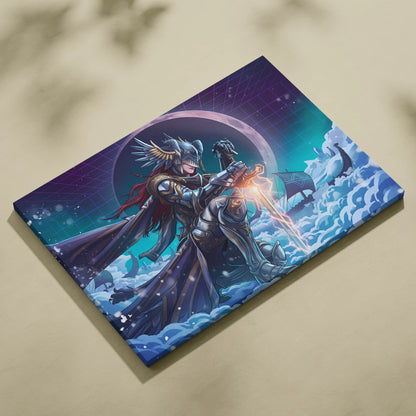 Neon Moon Warrior Canvas - Fantasy Warrior Neon Purple Bedroom Vaporwave Dreamy Vaporwave Mood Decor Canvas Print