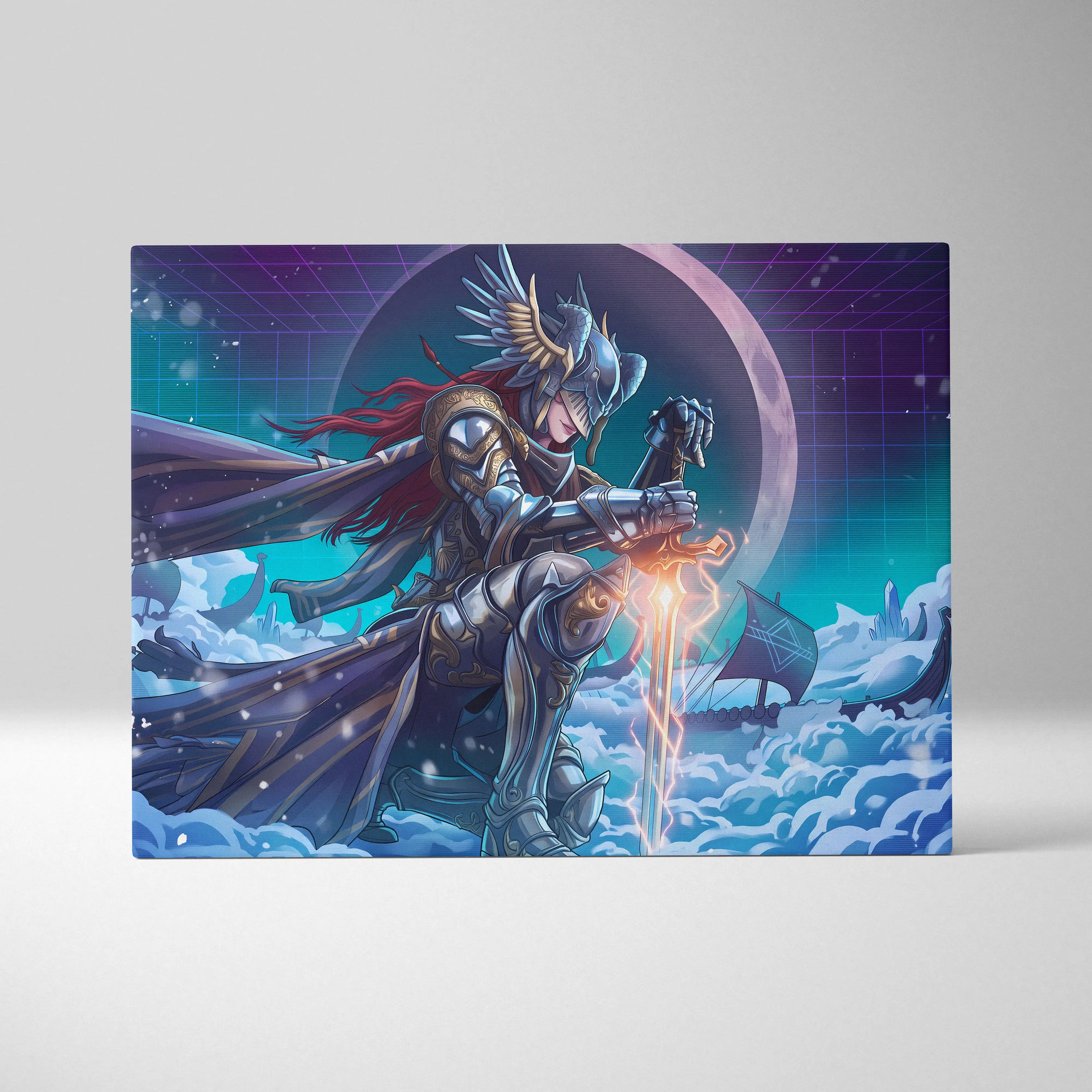 Neon Moon Warrior Canvas - Fantasy Warrior Neon Purple Bedroom Vaporwave Dreamy Vaporwave Mood Decor Canvas Print