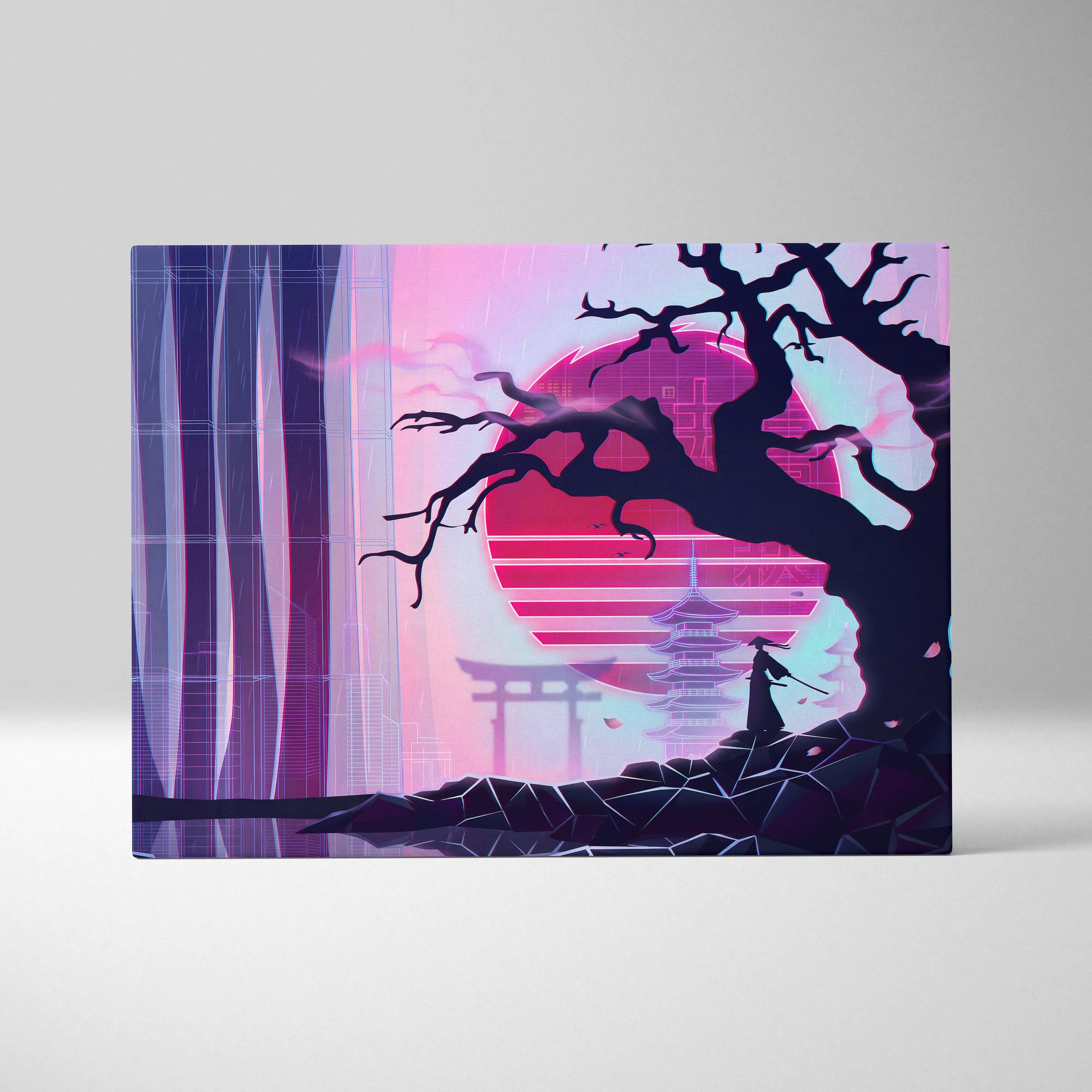 Vaporwave Japan Neon Sunset - Japan Landscape Neon Pink Purple Cyan Living Room Vaporwave Dreamy Nostalgic Modern Canvas