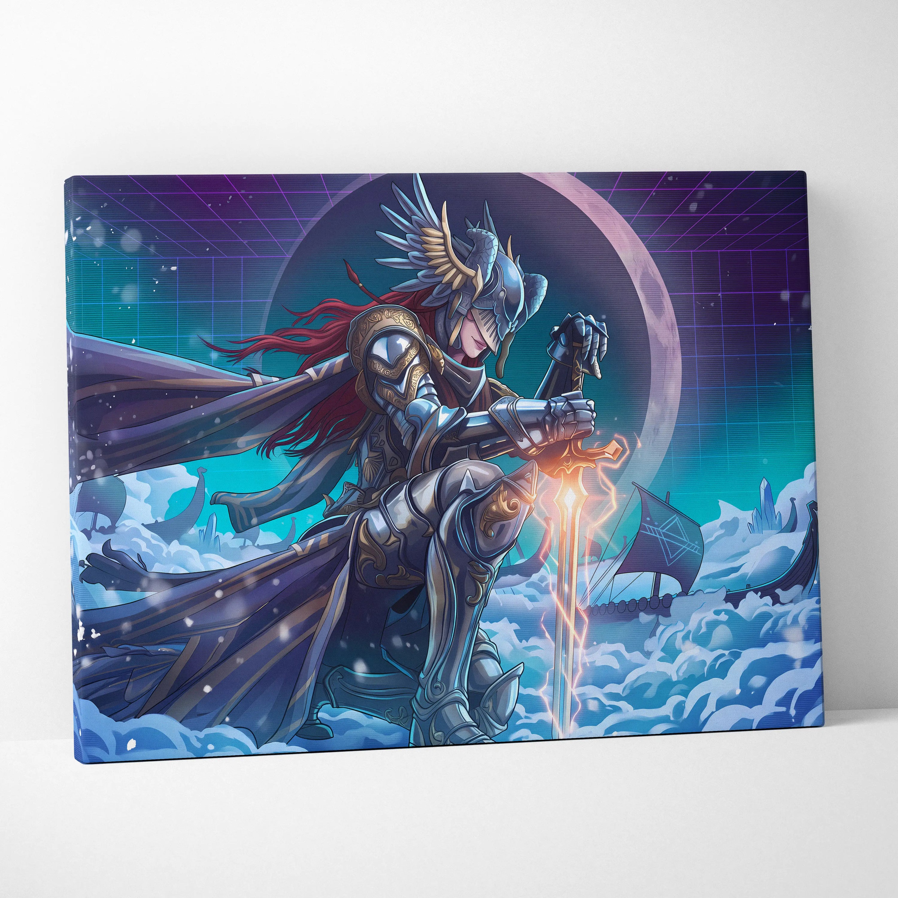 Neon Moon Warrior Canvas - Fantasy Warrior Neon Purple Bedroom Vaporwave Dreamy Vaporwave Mood Decor Canvas Print