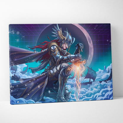 Neon Moon Warrior Canvas - Fantasy Warrior Neon Purple Bedroom Vaporwave Dreamy Vaporwave Mood Decor Canvas Print
