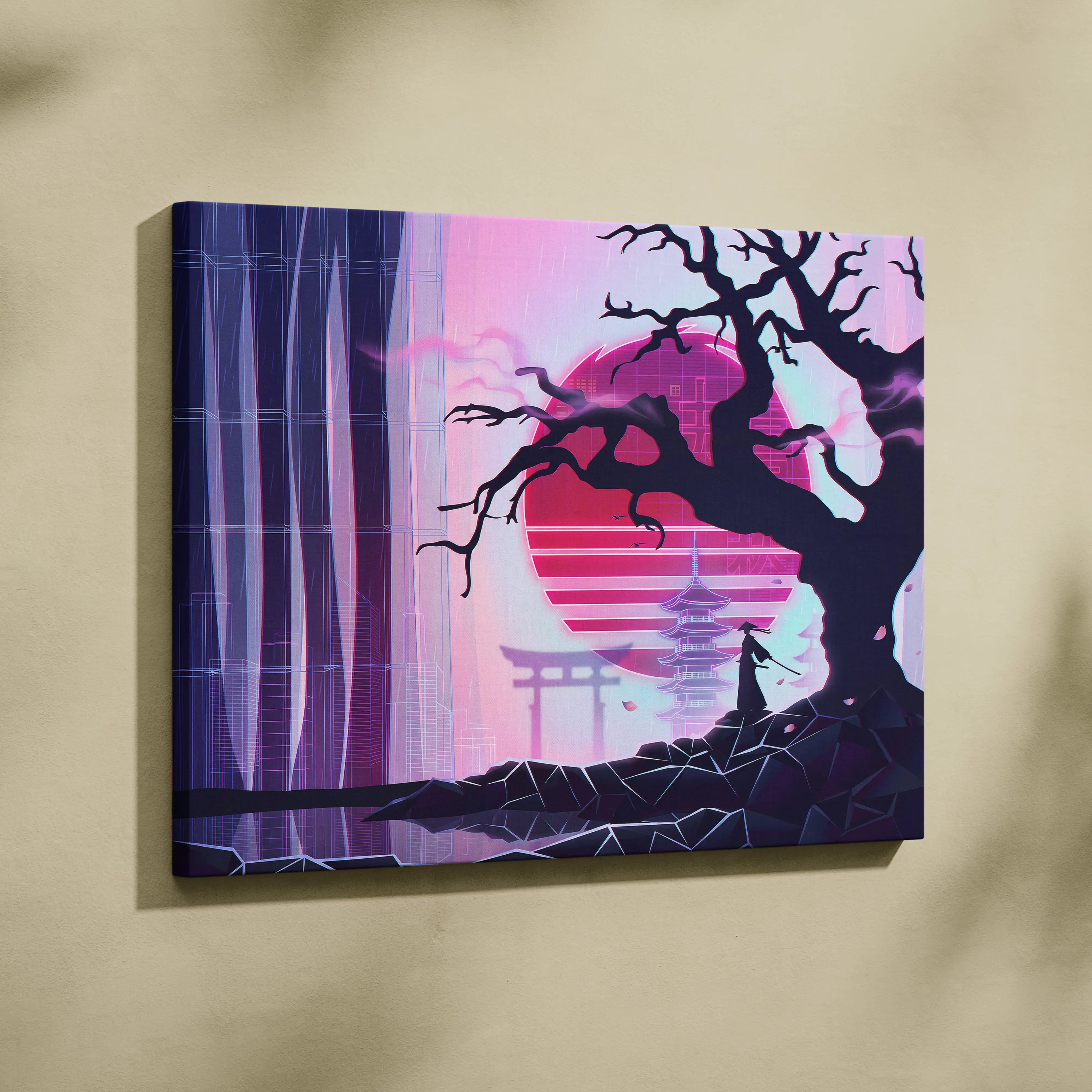 Vaporwave Japan Neon Sunset - Japan Landscape Neon Pink Purple Cyan Living Room Vaporwave Dreamy Nostalgic Modern Canvas
