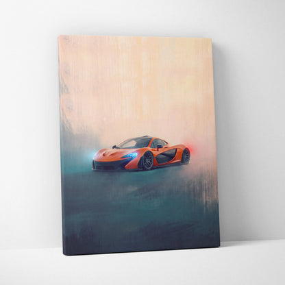 Orange McLaren P1 inspired canvas wall art print with glowing blue headlights and red taillights on misty background