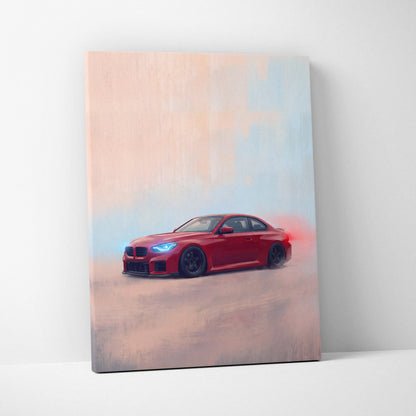 Red bmw m6 coupe depicted in dynamic stylized painting on canvas automotive wall art print for car enthusiasts