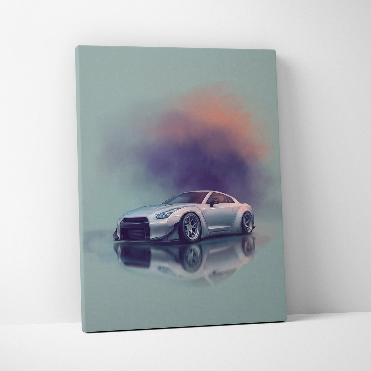Silver nissan gt-r inspired canvas print featuring a stylized sports car with custom wheels and smoke effects wall art