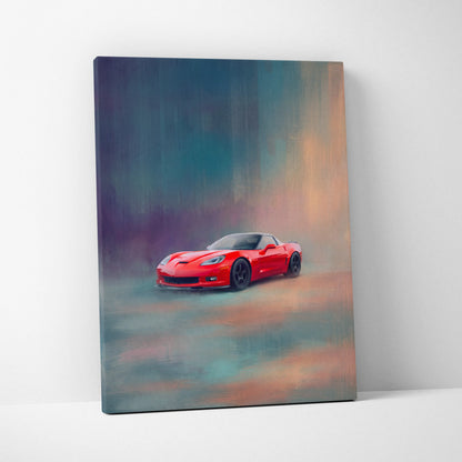 Vibrant red Chevrolet Corvette sports car in dynamic painterly style on stretched canvas for office decor wall art
