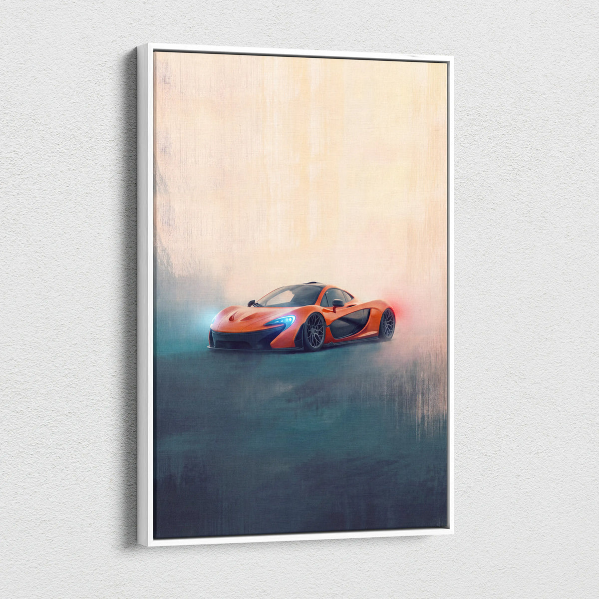 Orange McLaren P1 inspired sports car wall art in white frame track edition canvas painting print