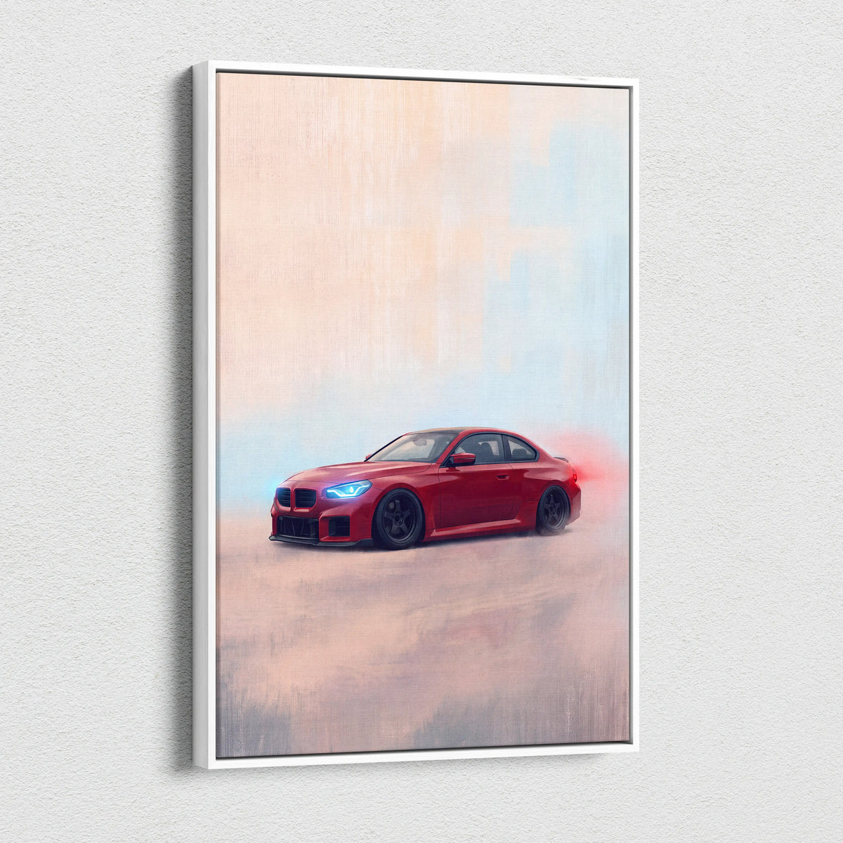 Red BMW M2 sports car illustration on white-framed canvas print for automotive wall art and classic German sports decor