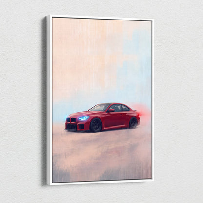 Red BMW M2 sports car illustration on white-framed canvas print for automotive wall art and classic German sports decor