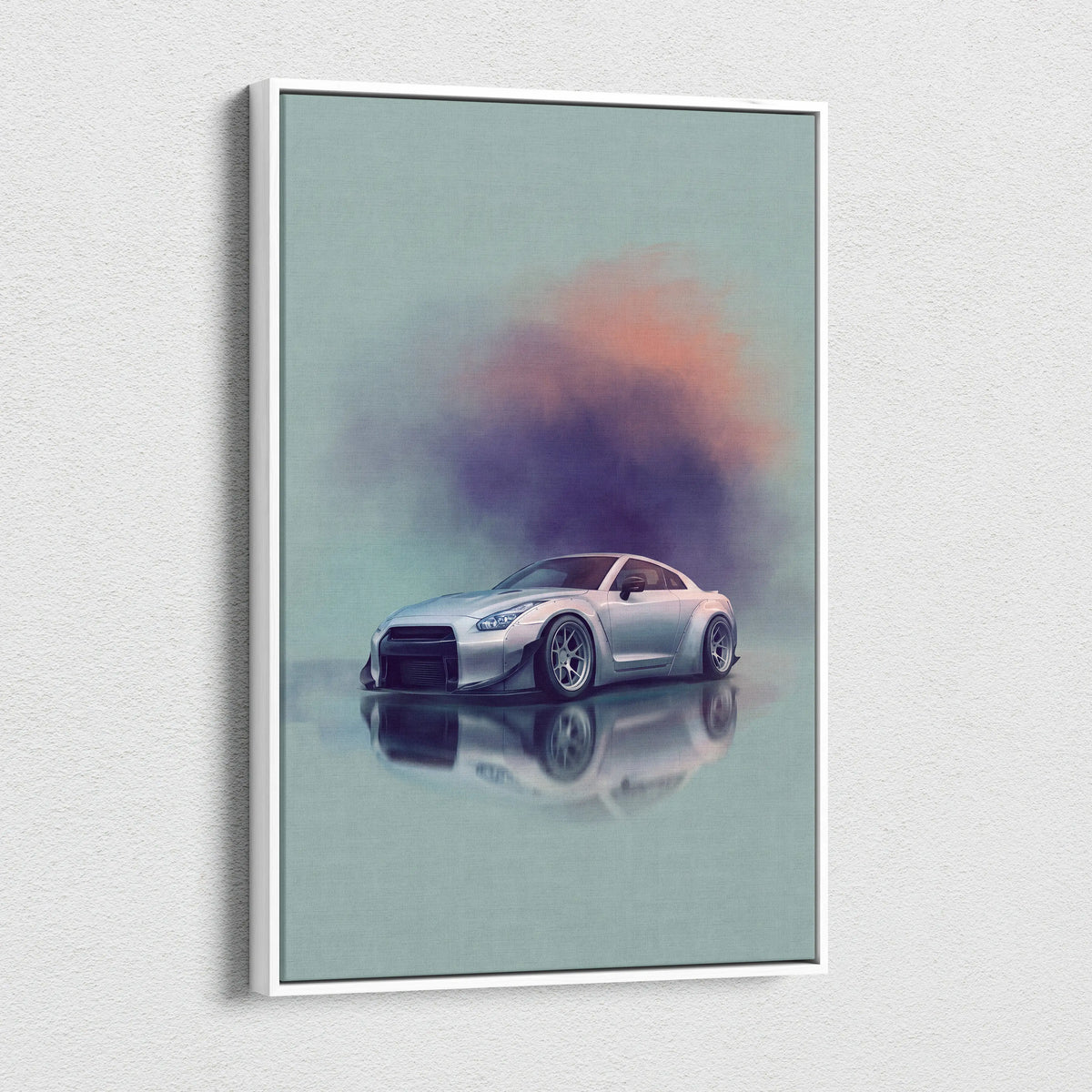 Silver nissan gt-r r35 sports car illustration in a sleek modern frame as automotive wall art print