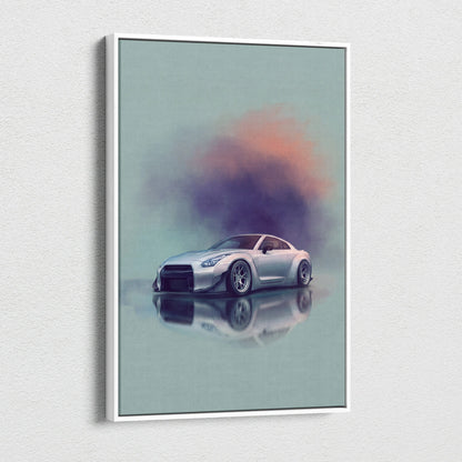 Silver nissan gt-r r35 sports car illustration in a sleek modern frame as automotive wall art print