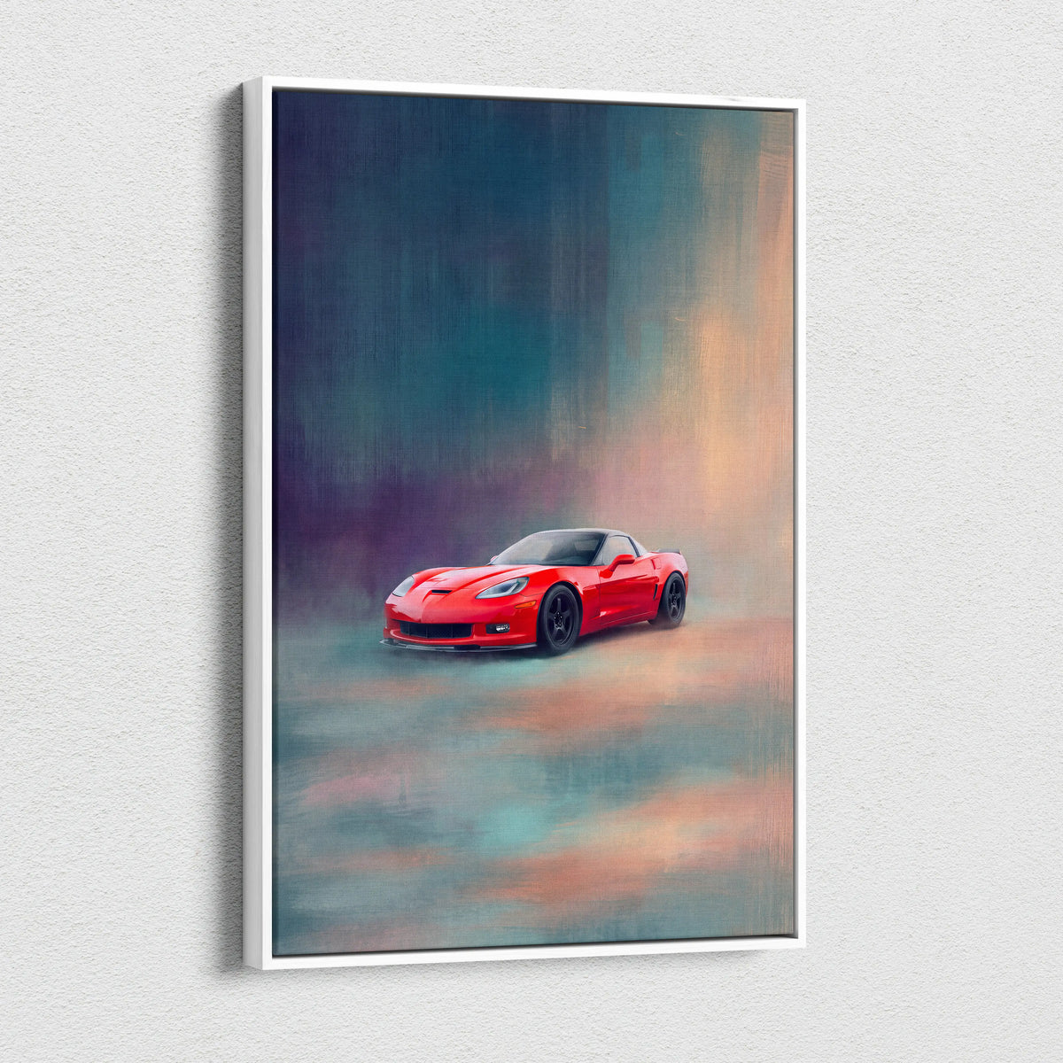 A vibrant red Chevrolet Corvette sports car stylized artwork in a white frame for office decor canvas print