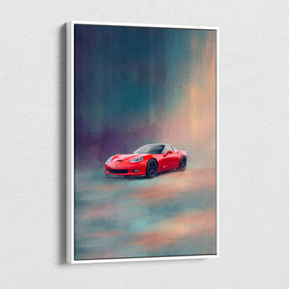 A vibrant red Chevrolet Corvette sports car stylized artwork in a white frame for office decor canvas print