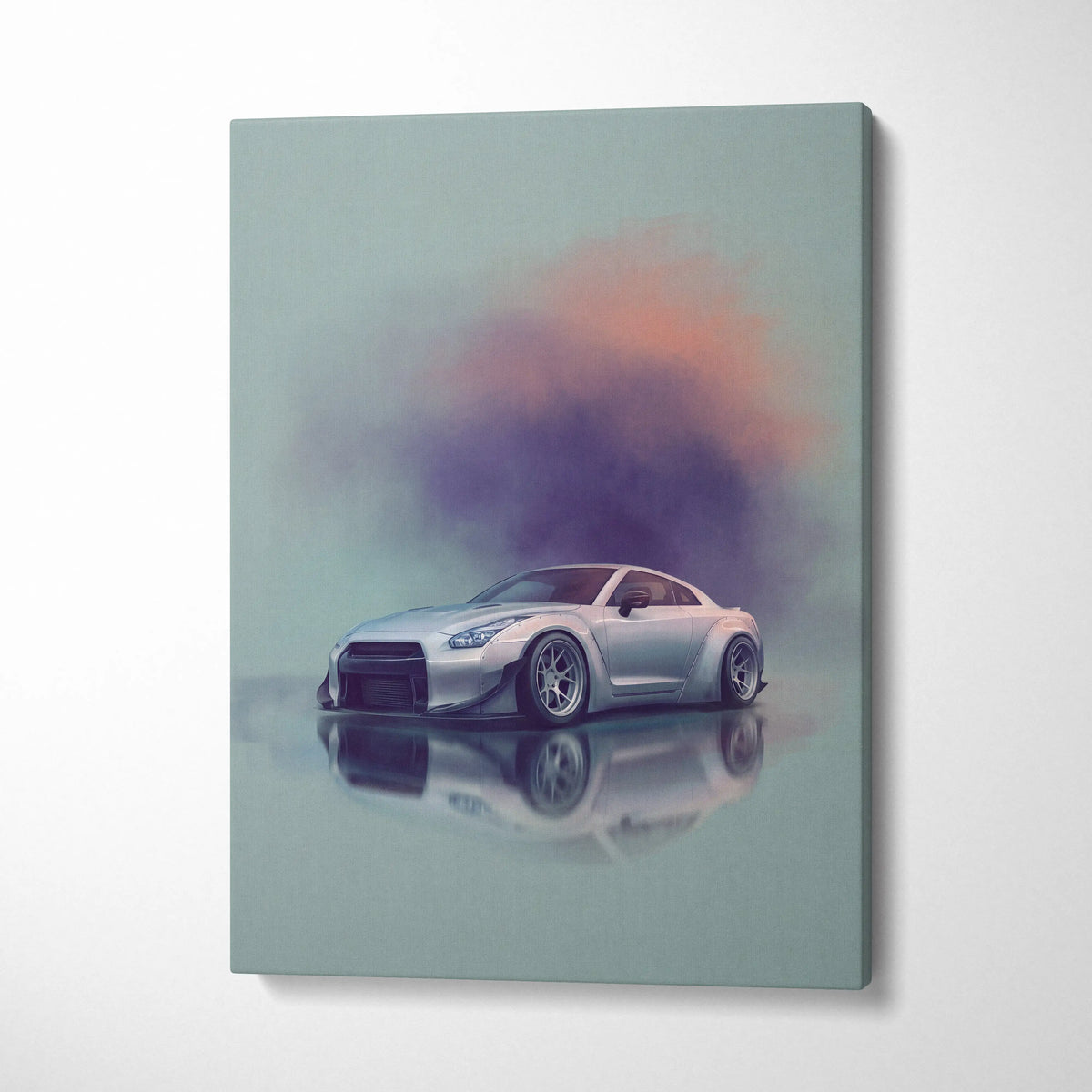 Silver nissan r35 gt-r inspired canvas wall art featuring a sleek wide-body sports car with custom wheels and smoke effect