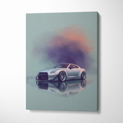 Silver nissan r35 gt-r inspired canvas wall art featuring a sleek wide-body sports car with custom wheels and smoke effect