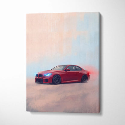 Red bmw m2 coupe canvas print with glowing blue headlights and drifting effect for automotive wall art decor